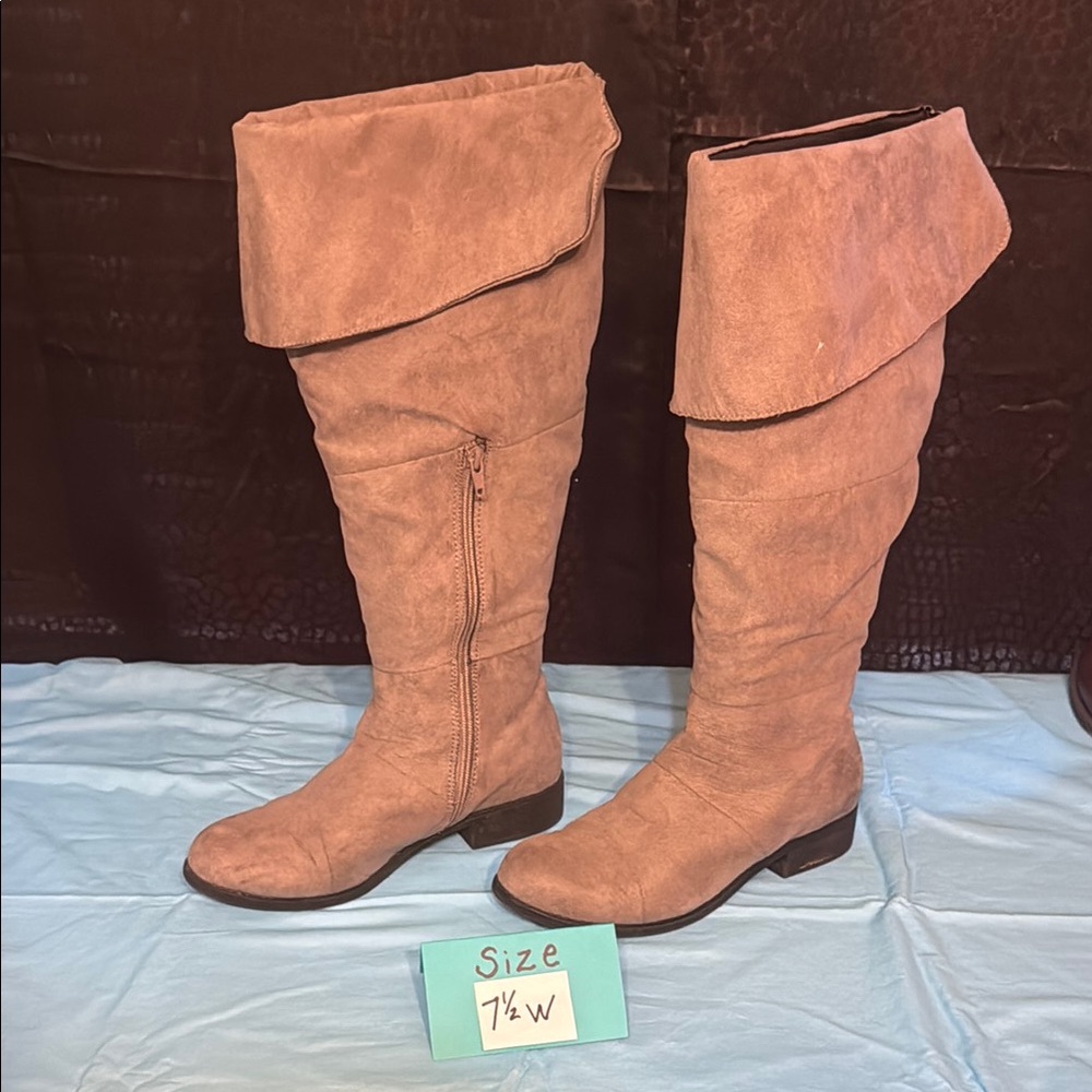 Tan and Gray Over the Knee Boots with Folded Design